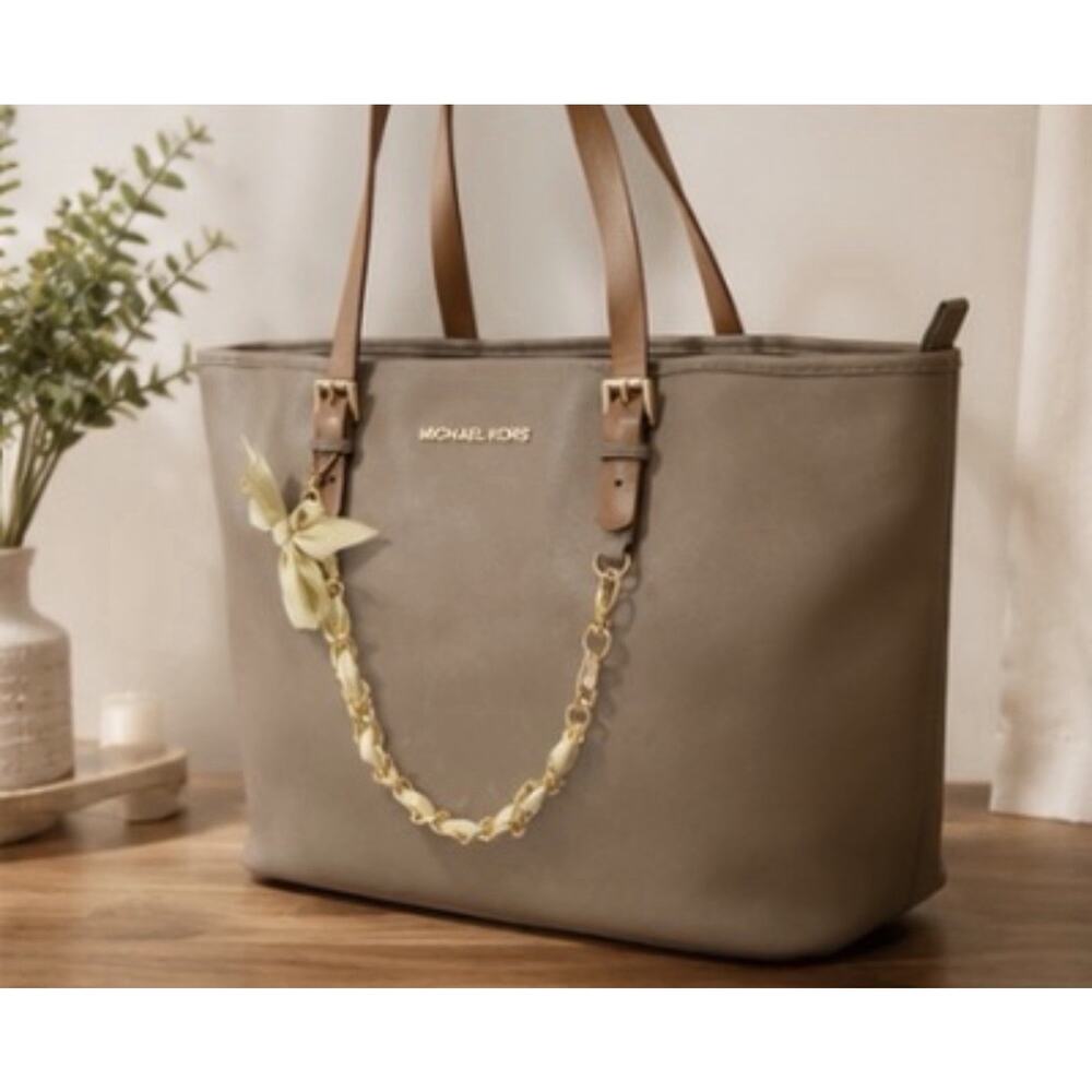 Michael Kors Large Saffiano Leather Tote Bag Taupe Brown Shoulder Purse Gold - Picture 3 of 10